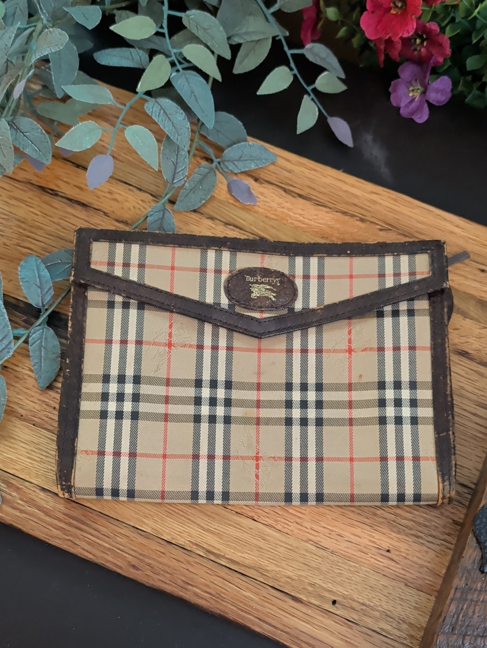 Burberry Beige Plaid Leather-Trim Pouch / Clutch